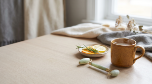 Mug of bone broth wellness ritual beside skincare-adjacent props like a jade roller and citrus