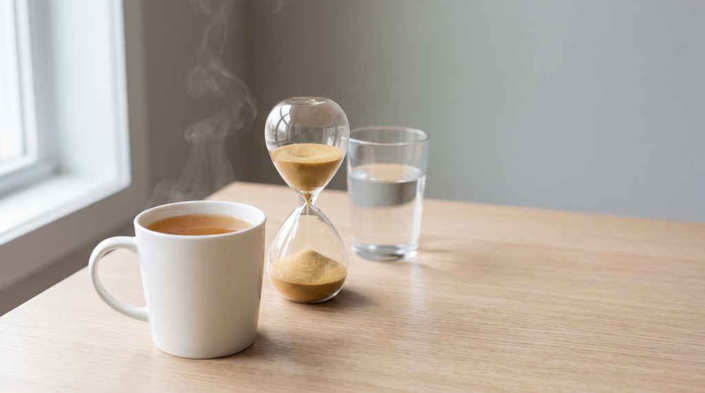 Mug of bone broth beside an hourglass, representing bone broth during a fasting window
