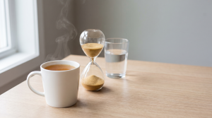 Mug of bone broth beside an hourglass, representing bone broth during a fasting window