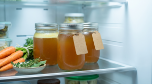 Mason jars of golden bone broth stored on a fridge shelf with a layer of fat set on top