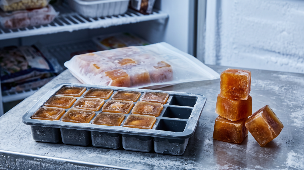 Frozen bone broth cubes from an ice cube tray, showing how to portion broth for the freezer