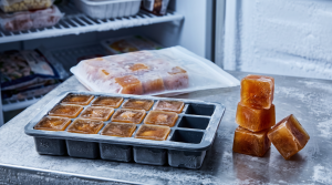 Frozen bone broth cubes from an ice cube tray, showing how to portion broth for the freezer