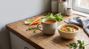 Bone broth shown as a versatile staple with a mug, a soup bowl, and fresh vegetables nearby