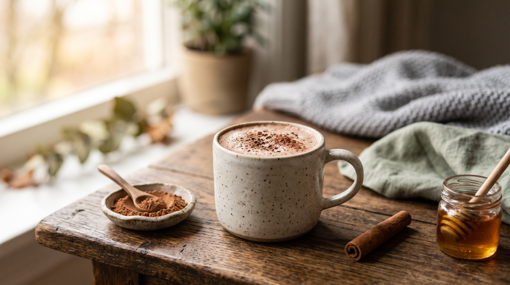 Frothy bone broth hot chocolate mug topped with foam beside cocoa powder and cinnamon