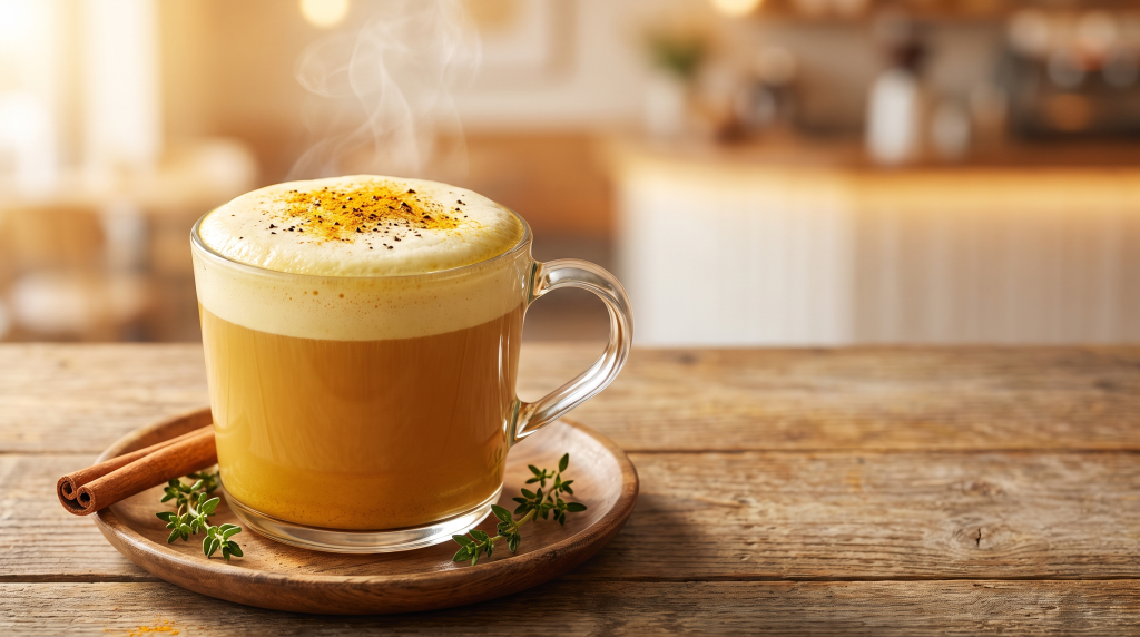 Frothy bone broth latte with creamy foam on top in a clear glass mug, styled like a coffee latte