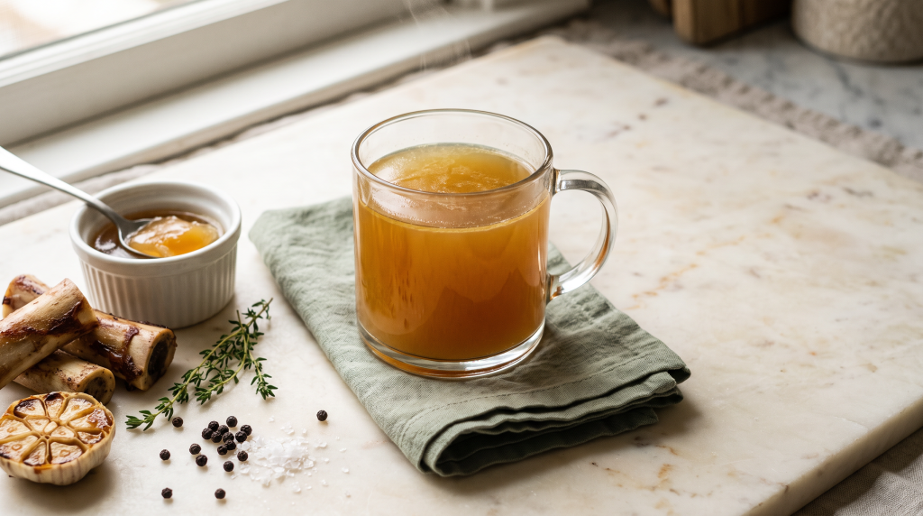 Clear glass mug of golden bone broth beside beef marrow bones, thyme, and a ramekin of gelled broth showing collagen