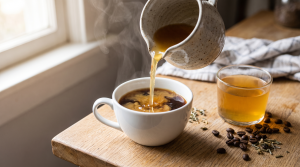 A small pitcher of bone broth being poured into a cup of black coffee on a kitchen counter