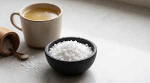 A mug of bone broth beside a small dish of coarse sea salt, highlighting sodium content