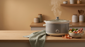 Slow cooker gently steaming on a kitchen counter while making homemade bone broth