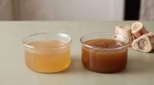 Side-by-side comparison of thin beef broth and rich gelled beef bone broth in glass pots