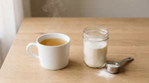 A mug of bone broth next to a scoop of white collagen powder, comparing the two collagen sources