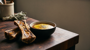 Split roasted marrow bones beside a dark bowl of rich bone marrow broth with a visible fat cap