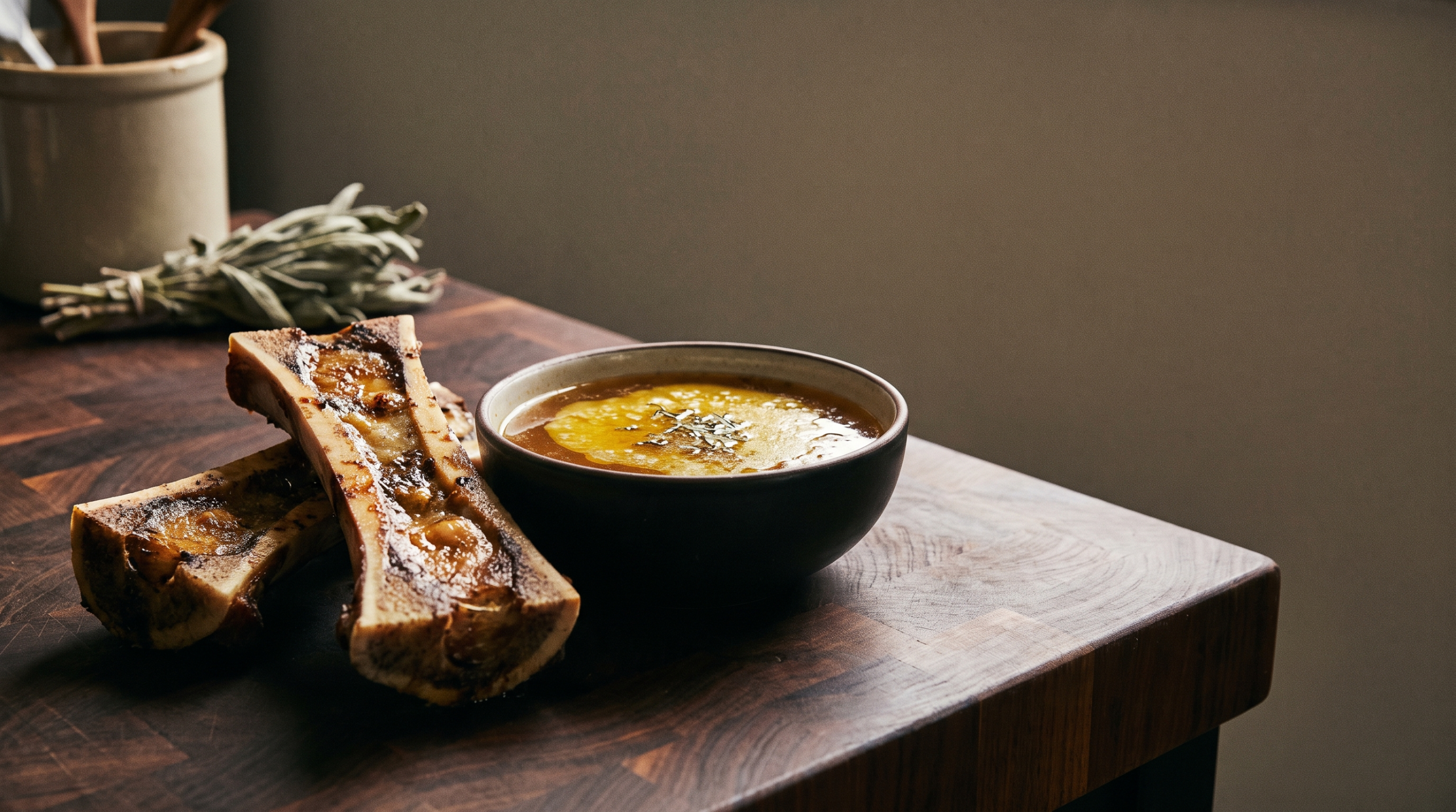 Split roasted marrow bones beside a dark bowl of rich bone marrow broth with a visible fat cap