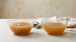 Side-by-side comparison of gelled versus liquid bone broth showing collagen richness differences