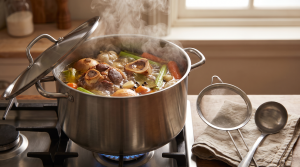 A large stockpot of bone broth simmering on a stove with bones, carrots, onion, and herbs