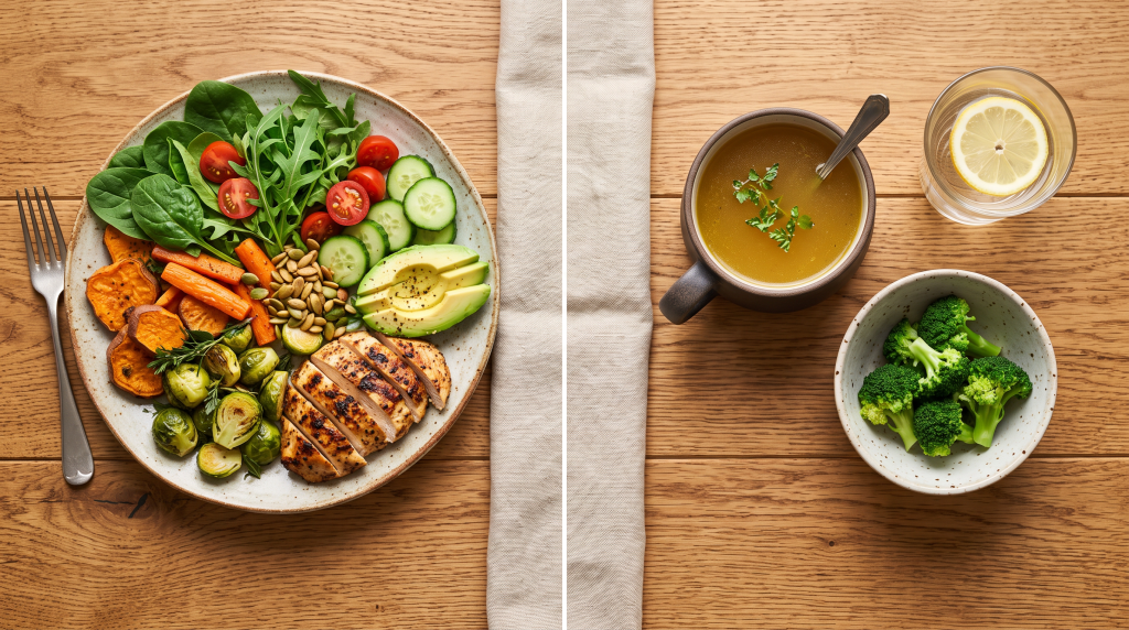 Overhead view of a whole-food meal beside a lighter broth-focused day on the bone broth diet