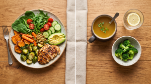 Overhead view of a whole-food meal beside a lighter broth-focused day on the bone broth diet