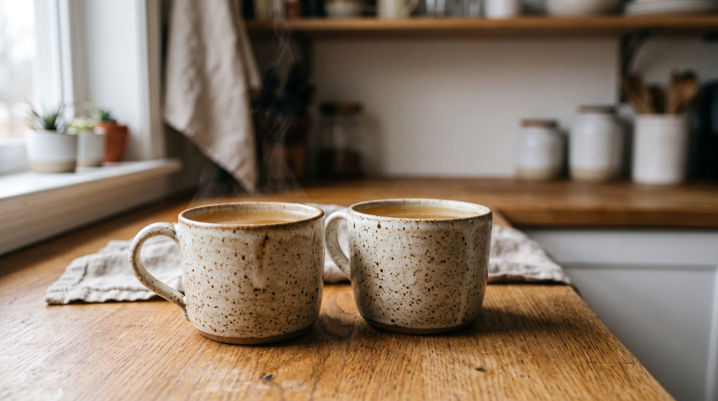 Two speckled stoneware mugs of bone broth side by side, showing a typical one to two cups a day