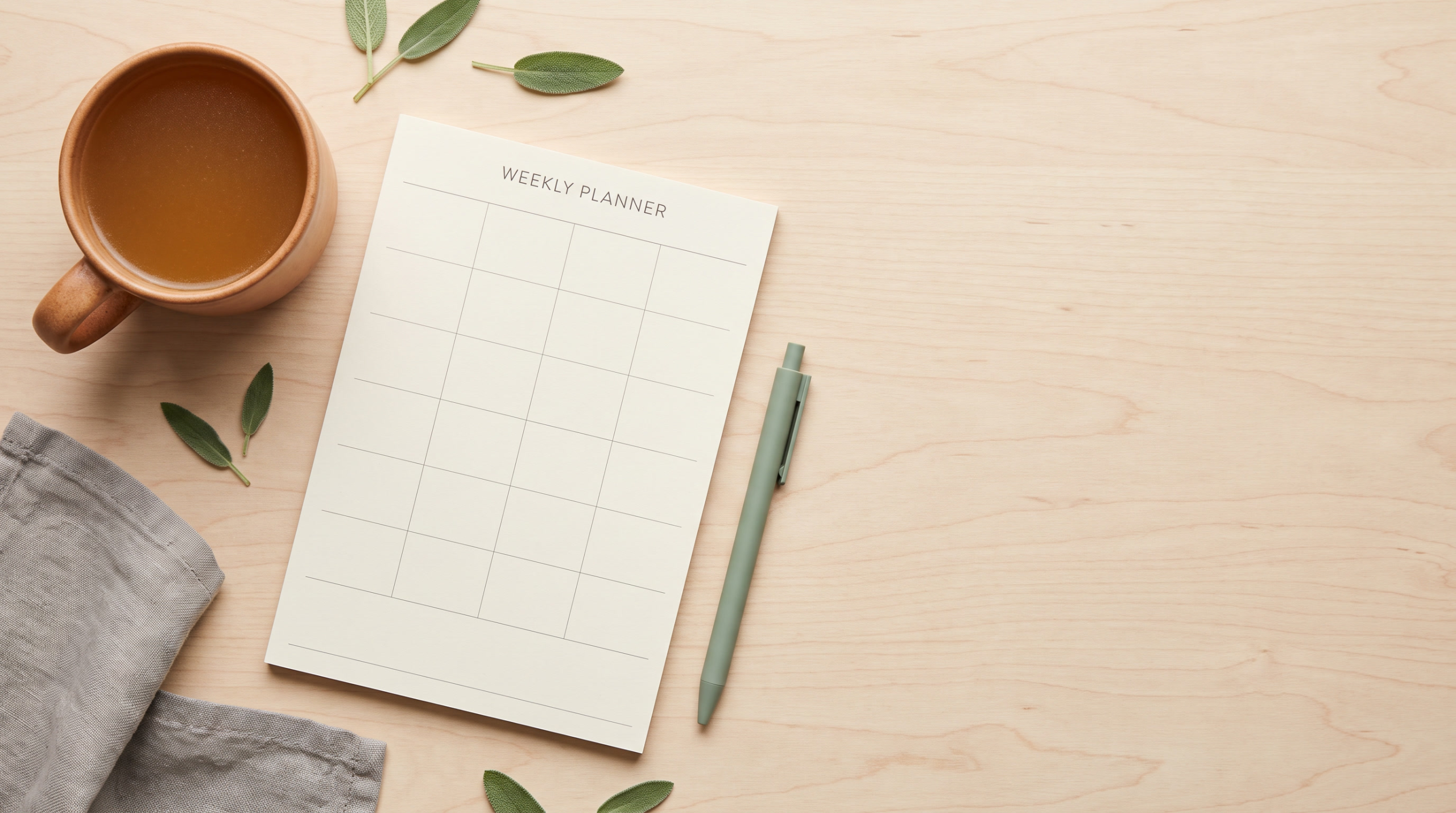 Mug of bone broth beside a blank weekly planner page, overhead flat-lay