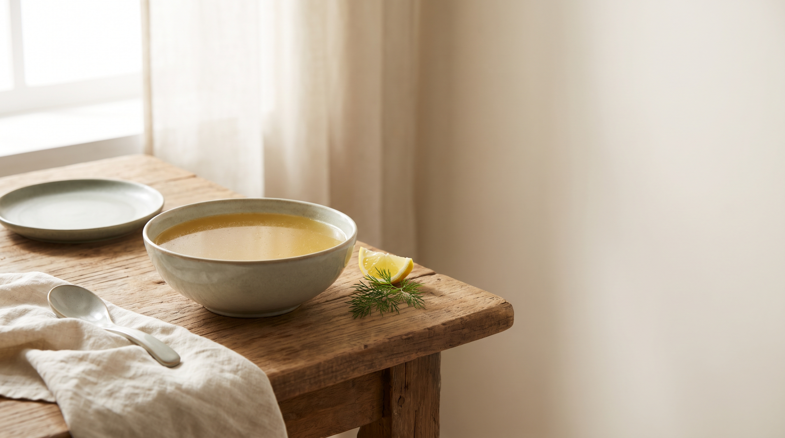 Bowl of golden chicken bone broth with lemon and dill on a bright breakfast table