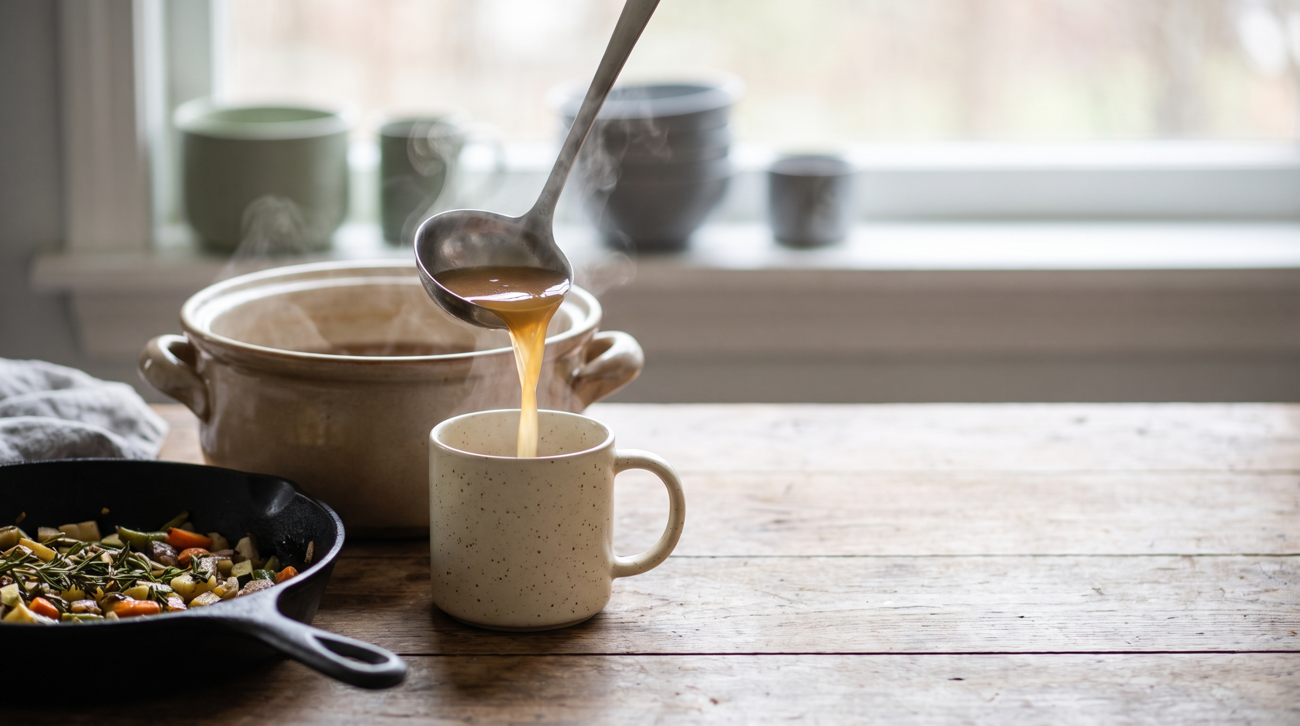 Bone broth being poured from a pot toward both a mug and a skillet, showing its versatility