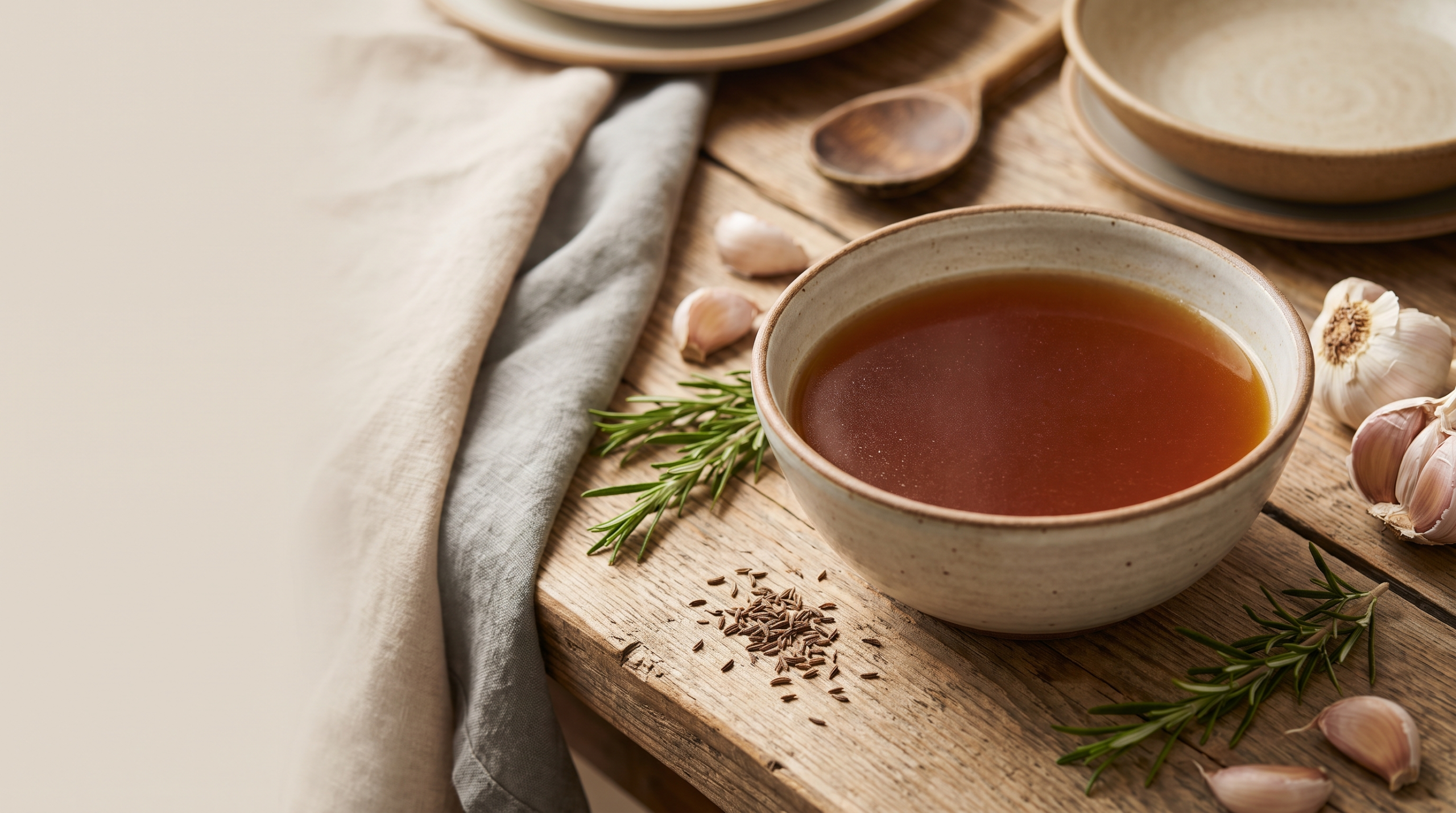 Rustic bowl of deep lamb bone broth with rosemary, garlic, and cumin seeds