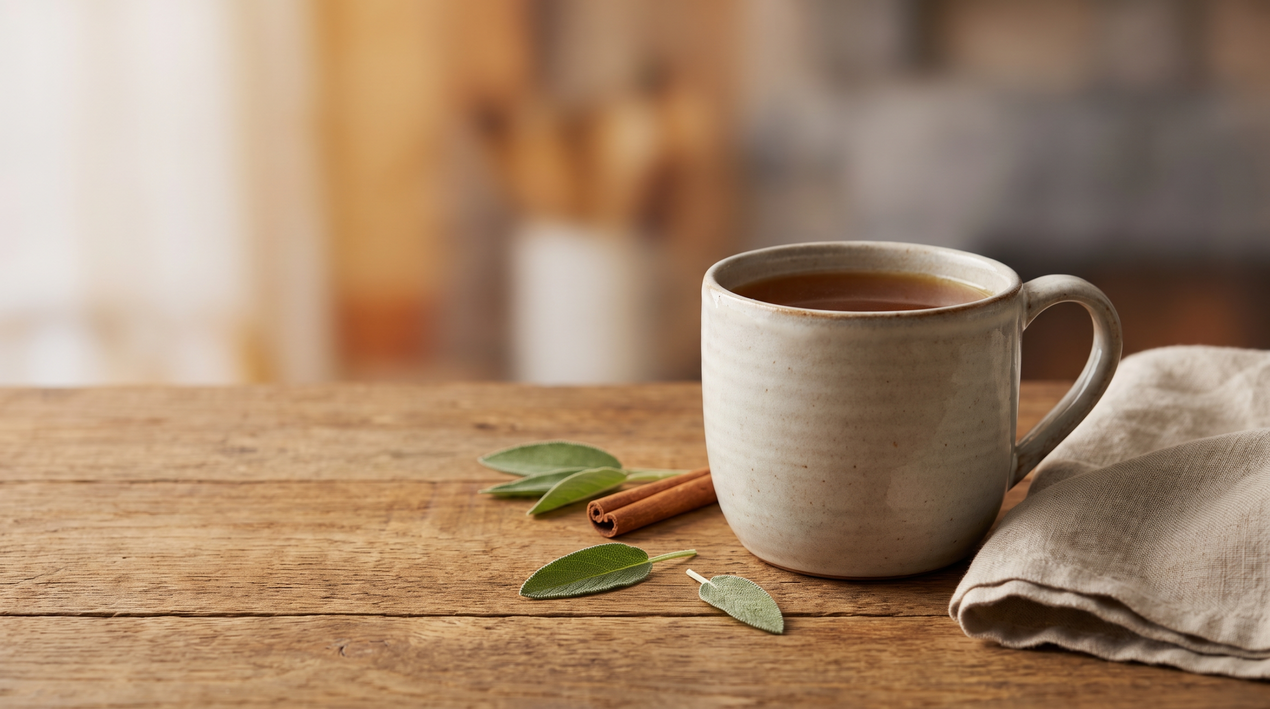 Mug of turkey bone broth with sage and cinnamon on a rustic table in autumn light