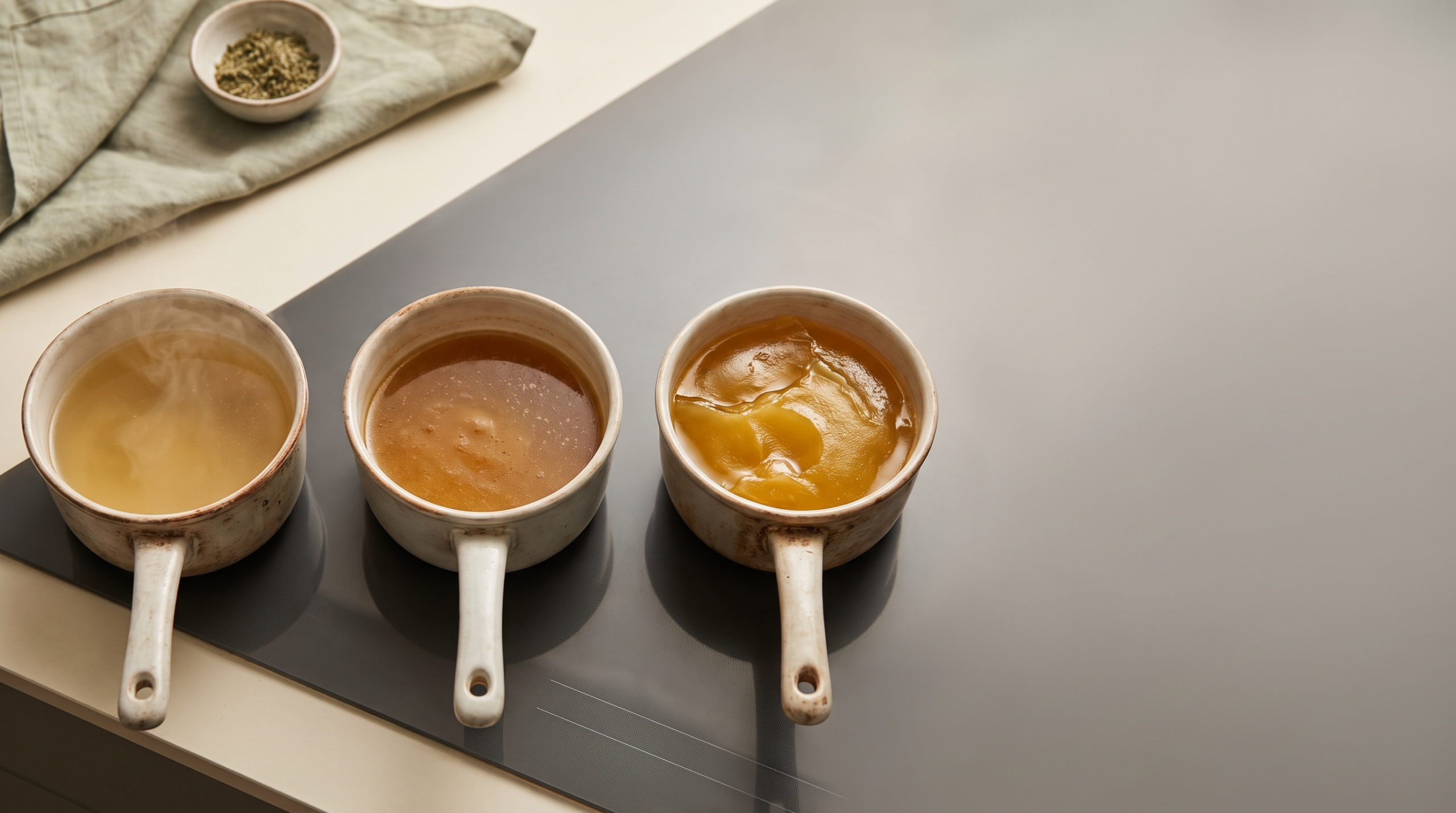 Three pans in a row showing the visual difference between broth, stock, and bone broth